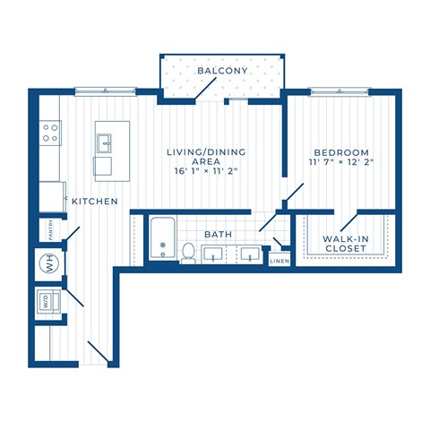 Floor plan for 1 bed, 1 bath, 808 sqft